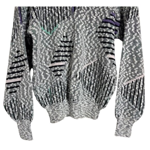 Vintage 90s FLUID Geometric Bubble Knit Sweater Mens Size S Gray Green Purple Ac - Picture 5 of 11